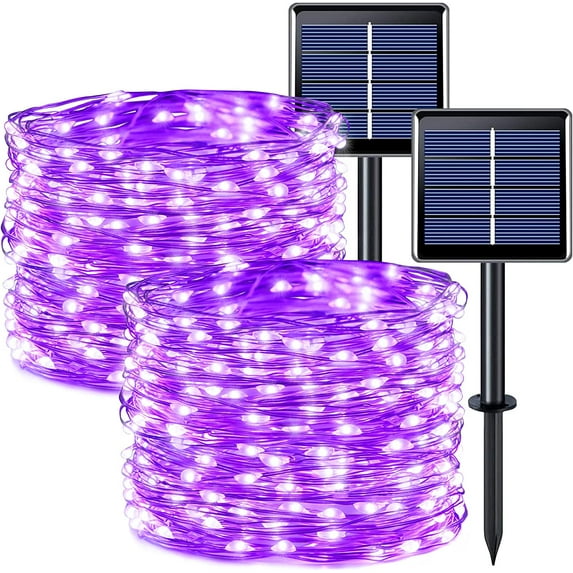 Morttic 2 Pack 200 LEDs Solar String Lights , 66 FT Christmas Solar Copper Wire Fairy Lights Flexible Waterproof Indoor Outdoor Lighting for Garden, Patio, Windows, Trees, Party (Purple)