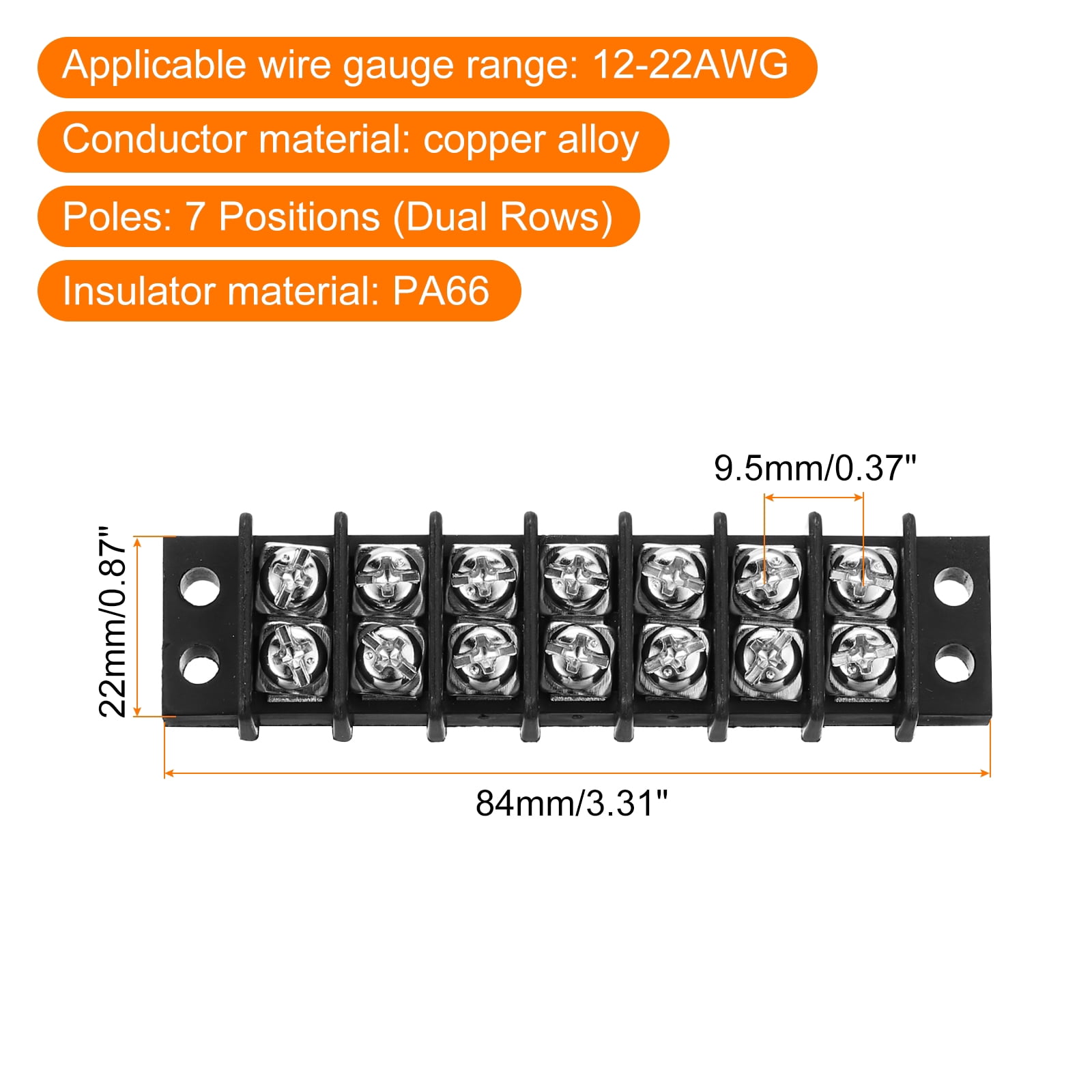 10 Pcs 7 Positions Terminal Block 300V 20A 9.5mm Pitch Dual Rows 7 Circuits DIN Row Screw Terminals Strip