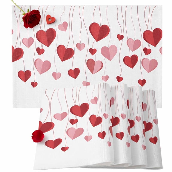 Valentine's Day Placemats Set of 6, Red Pink Love Heart Place Mats Romantic Sweet Linens Tablemats Placemat Table Decoration for Kitchen Table Dinner Wedding Party Home Decor 13x19 Inch