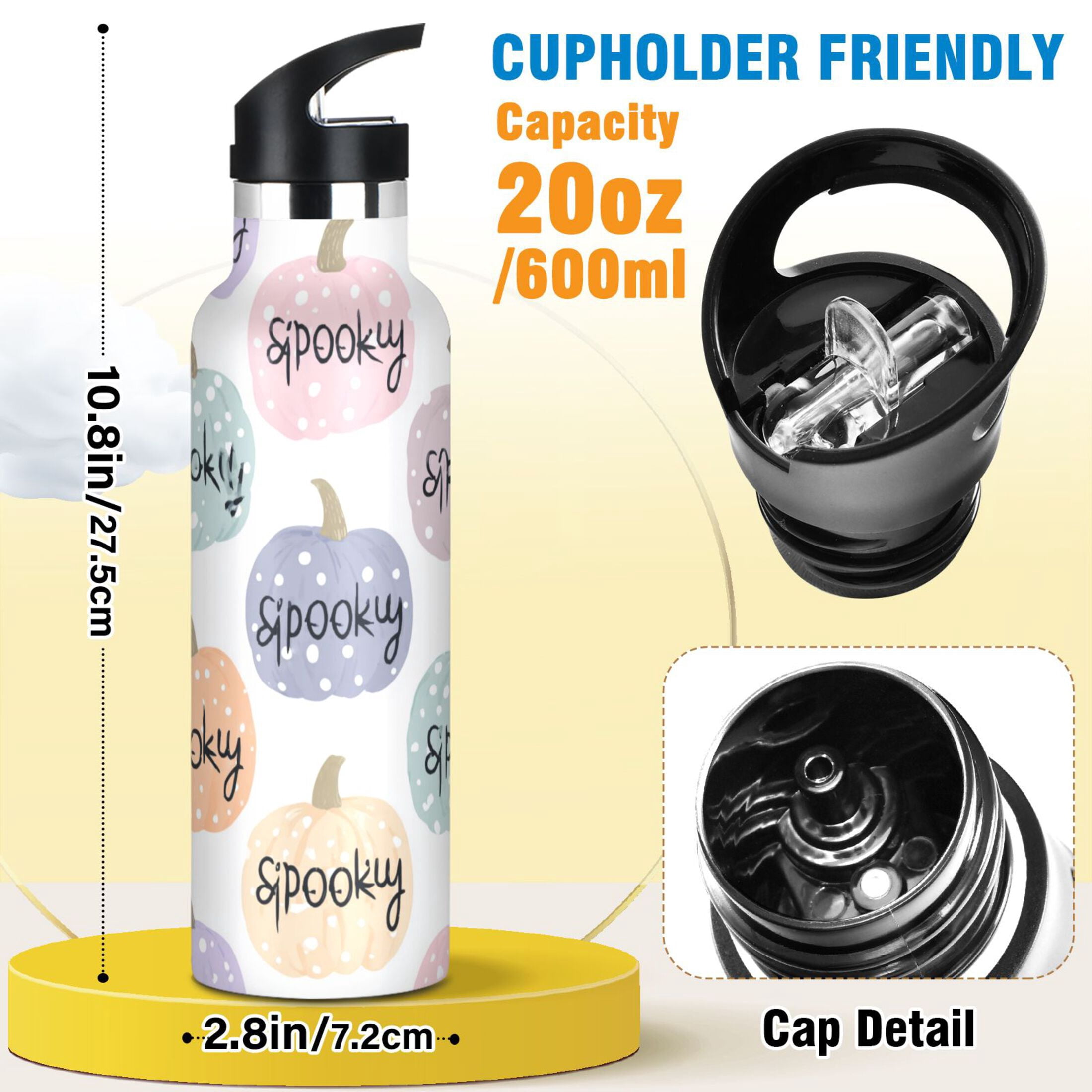 Kids Insulated Stainless Steel Sports Water Bottle 600ml (20oz) Pumpkins with Spooky Text