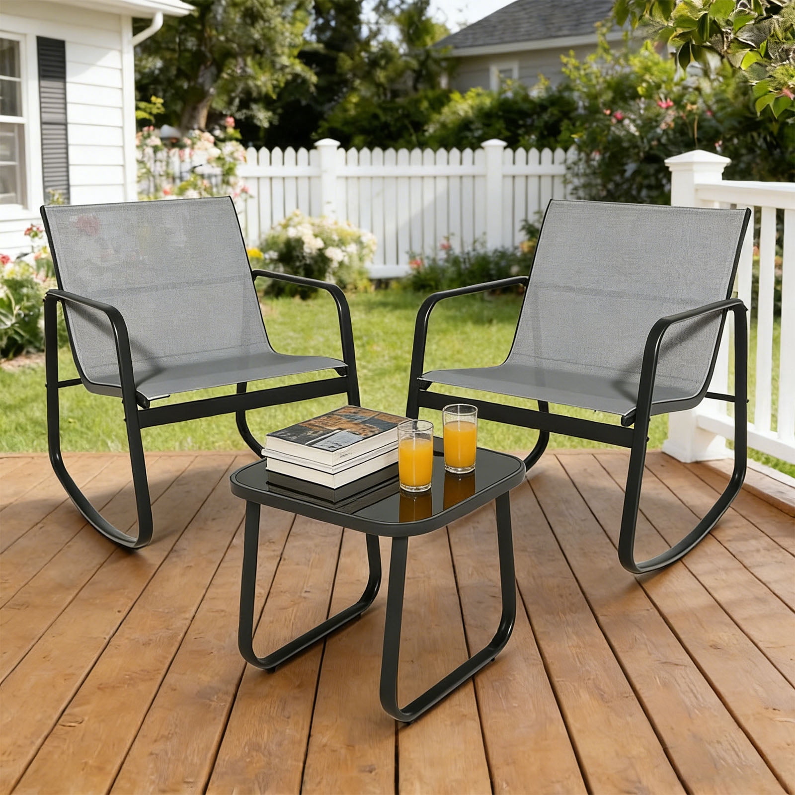 Casabay 3-Piece Outdoor Courtyard Furniture Set with Patio Chairs & Coffee Table, All Weather Outdoor Seating Breathable Fabric for Yard, Pool, Lawn, Light Gray