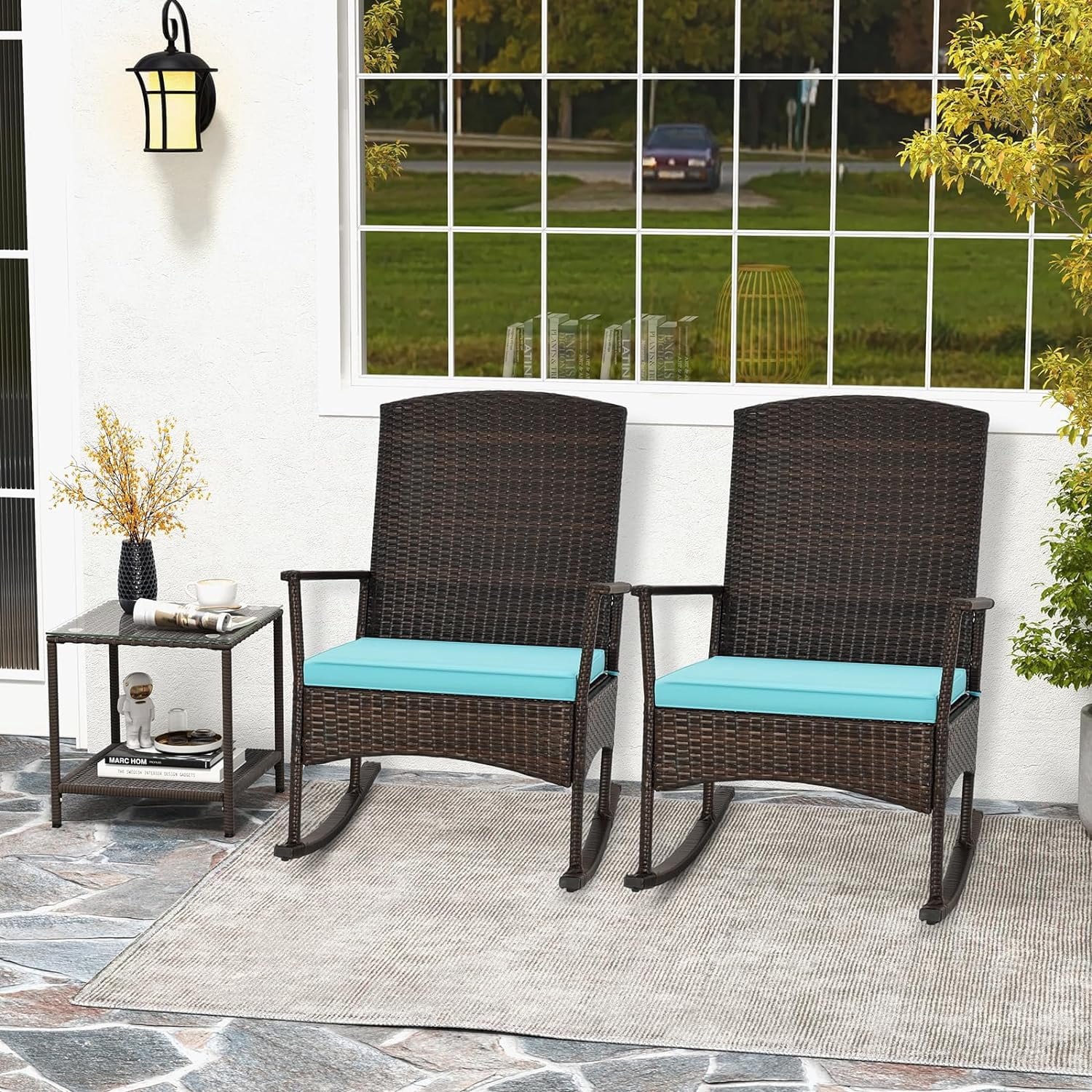 3 Pcs Outdoor Patio Wicker Bistro Furniture Set Rocking Chairs Sets w/ 2 Cushion, Glass Coffee Table, Turquoise