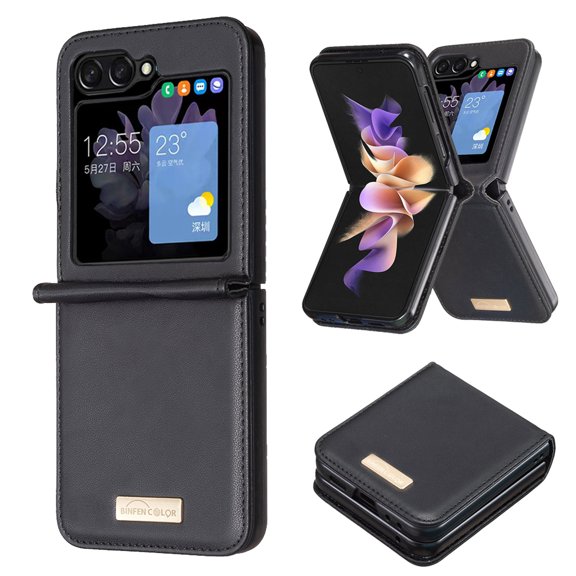 Dteck Case for Samsung Galaxy Z Flip 6,Luxury Leather Case PC Slim Back Cover for Galaxy Z Flip 6 5G,Black