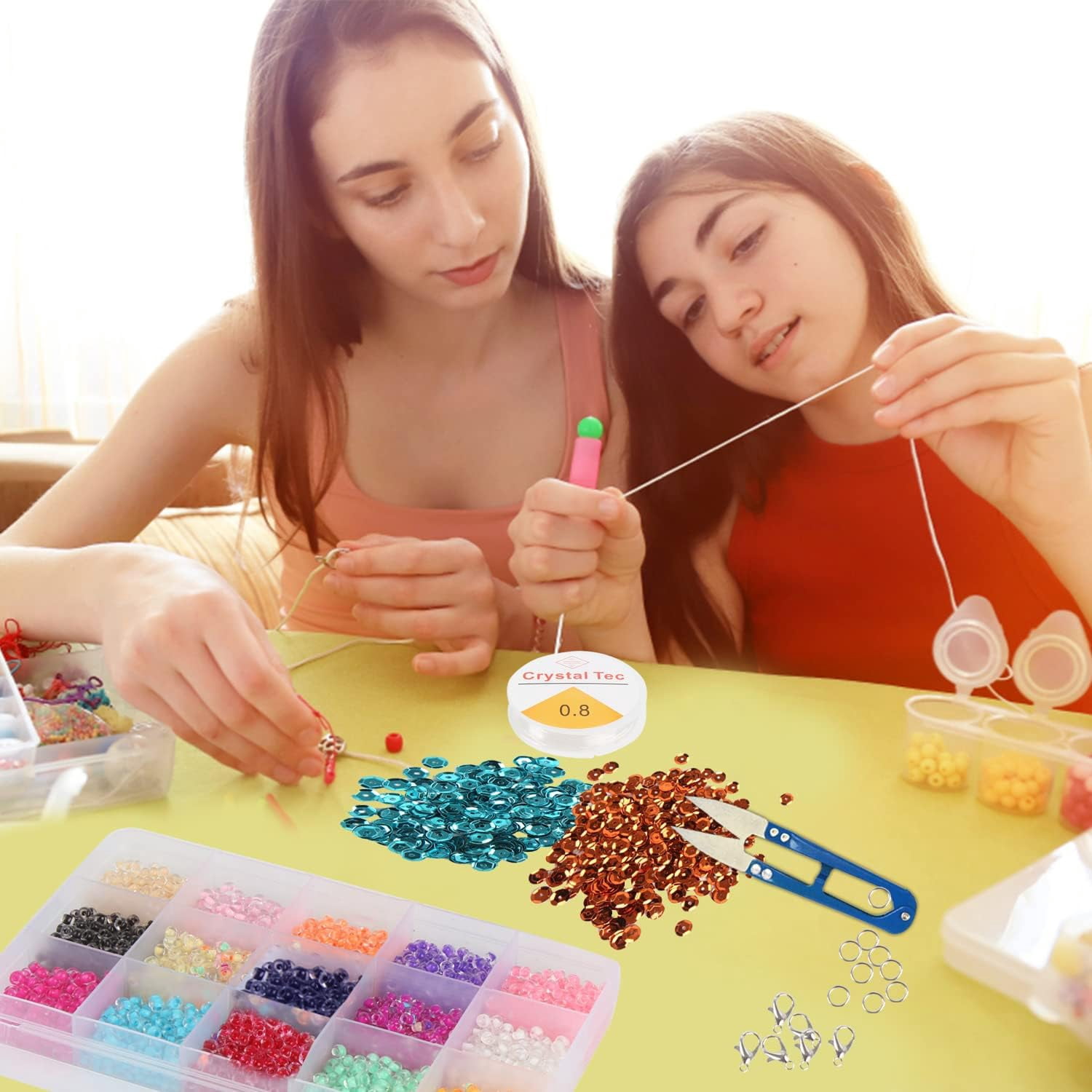 10322 Pcs Glass Seed Beads and Loose Sequins Kit, 4mm Small Craft Beads 6mm Tiny Spangles Kit with Bracelet String Scissors for Embroidery Applique Arts Handmade Crafts and Embellishment