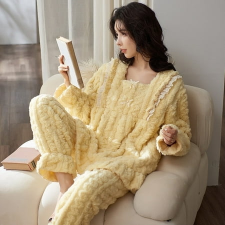 

QWZNDZGR Winter Flannel Elegant Women Cartoon Sleepwear Girls Pajamas Pajama Sets Nightwear Coral Fleece Pijamas Mujer Homewear Fashion