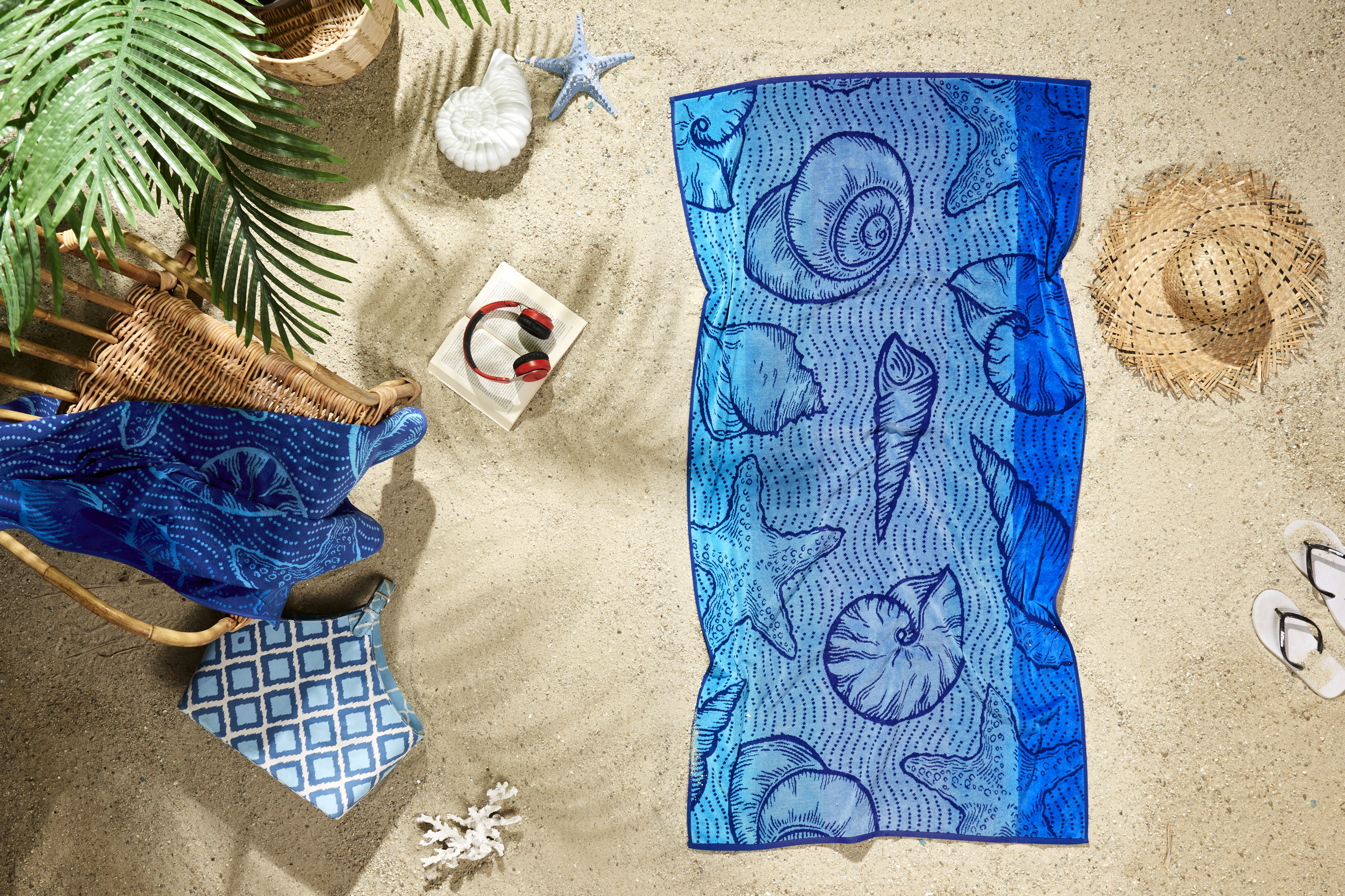 Ozdilek 34x64 Beach Towel - 100% Turkish Cotton, Luxury Soft Velour, Quick Dry, Absorbent, Fade-Resistant, Oversized Pool & Spa Towel,  Sea Shell Design, Eco-Friendly (Ocean Serenity)