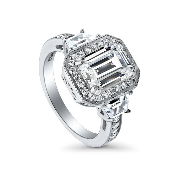 BERRICLE Sterling Silver Halo Wedding Engagement Rings Emerald Cut Cubic Zirconia CZ Statement Ring for Women, Rhodium Plated Size 6