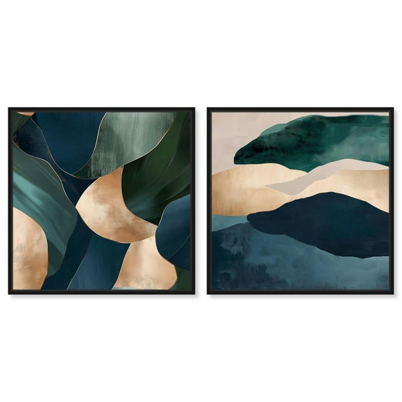 Navy Emerald Set Canvas Set of 2 Blue Green Abstract by Art Remedy, Black Frame, 12 x 12