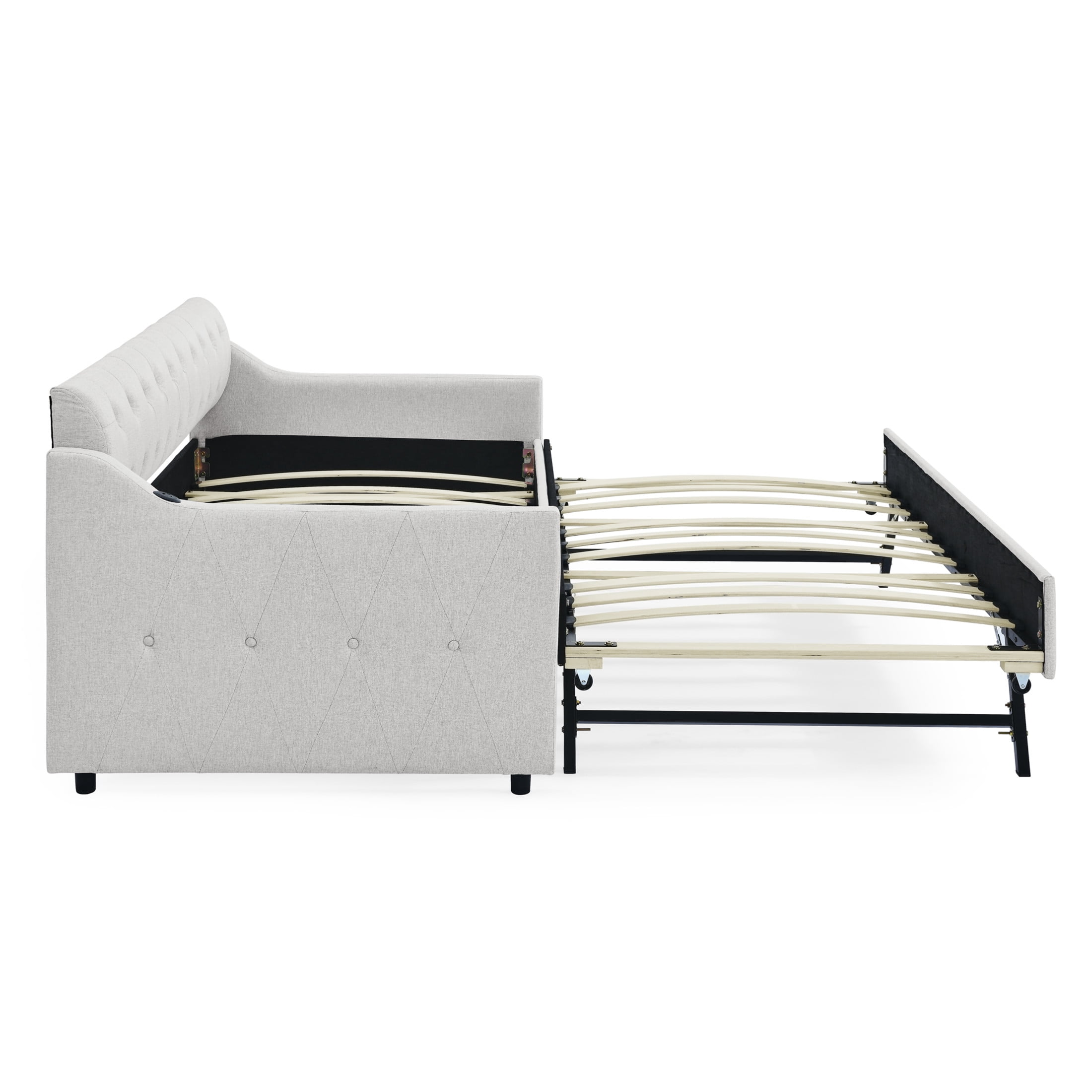 Noble House Carola Twin Size Linen Upholstery Daybed, Mid-Century Tufted Sofa Bed with Trundle and Charging Port, Beige