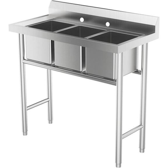 Ktaxon Freestanding 39" 3 Compartment Commercial Stainless Steel Sink, Silver, for Laundry Room, Kitchen