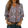 thumbnail image 2 of Pounoo Womens Floral Print Tops 3/4 Sleeve V Neck Button Up Relaxed Fit Blouses Breathable Office Casual Spring Summer Outfits Gift, 2 of 6