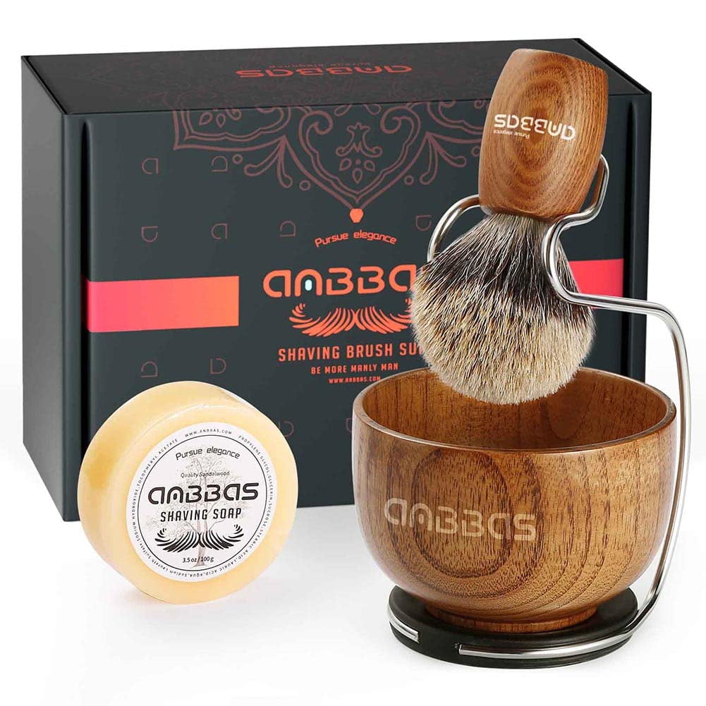 Anbbas 4in1 Shaving Set, Pure Badger Hair Shaving Brush Wood Handle, Large Soap Bowl,Stainless