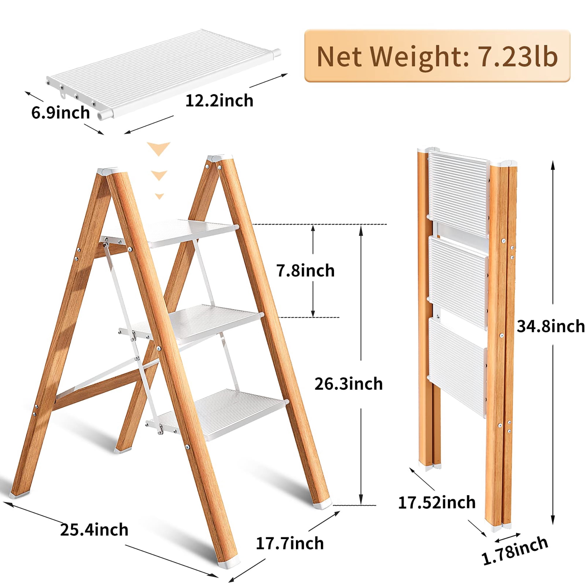 Step Stool Foldable Folding 3 Woodgrain Aluminum Kitchen Step Step Ladder