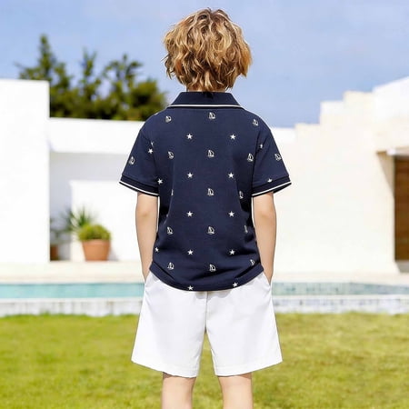 Trendfront Big Boys All Over Print T Shirts Short Sleeve Polo Collared Trendy Tops Summer Vacation Fashionable Outfits Tee