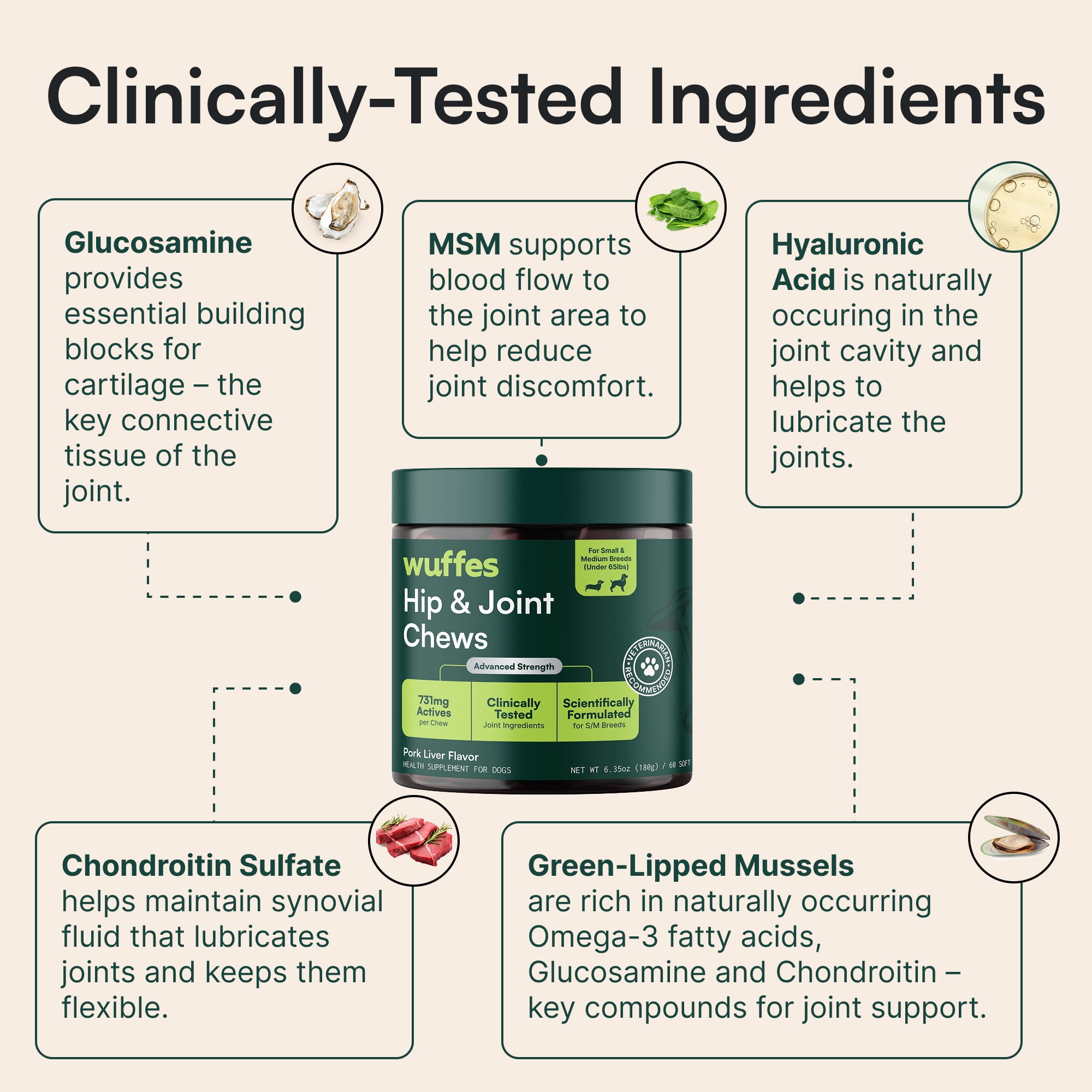 Advanced Dog Hip and Joint Supplement with Glucosamine, Chondroitin, Omega 3, MSM, and Green Lipped Mussel, 60 Pork Flavored Chews for Small and Medium Dog Breeds