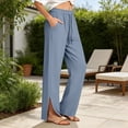 thumbnail image 2 of CYYOLLPF Linen Pants Women Boho Embroidered Floral Pants Wide Leg Palazzo Pleated Capri Paper Bag Pants Cropped Pant Flowy Palazzo Wide Leg Women' s Culottes Boho Loose High Waist Blue XL, 2 of 7