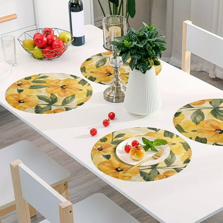 

Round Grid Placemat One Sizex4 Round Placemat PVC Plate Mat，15.4 Inch Non-Slip and Heat Resistant Table Placemat Dining Room Placemat Big Yellow Flowers