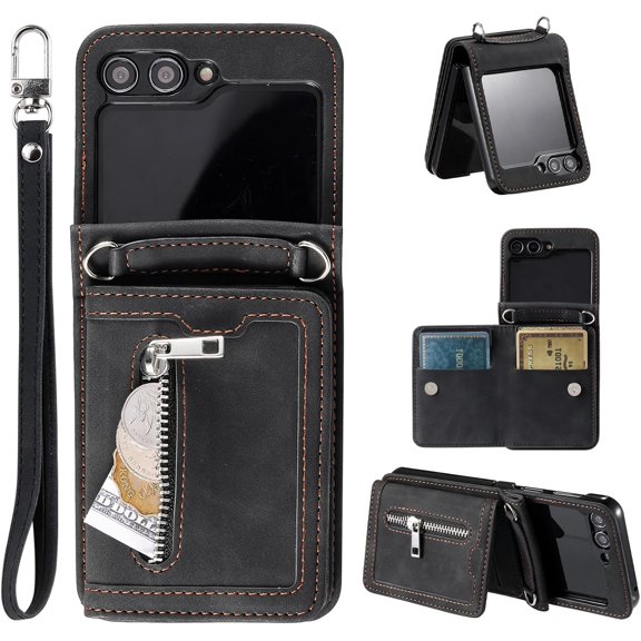 ZUKKASHAN Wallet Phone Case for Samsung Galaxy Z Flip 5, Retro Matte 4 Card Holder Slots 1 Zipper Pocket Premium PU Leather Cover Magnetic Closure with Wrist Strap Folio Flip Case