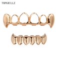 thumbnail image 1 of Gold Color Plated Hip Hop Teeth Hollow Fang Top &amp; Solid Fangs Bottom Grillz Set Vampire Grills Sets BLD, 1 of 7