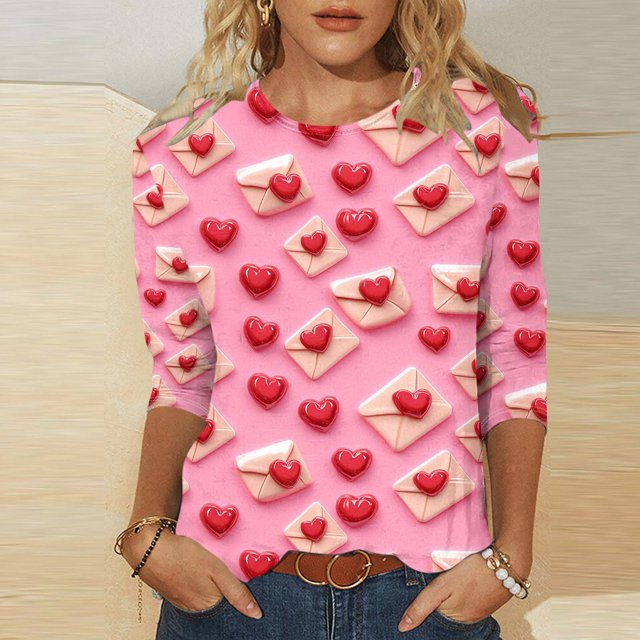Meichang T-Shirts Saint-Valentin pour Femmes, Col Rond, Tops de Vacances, T-Shirts Graphiques Cœur d'Amour, Manches 3/4, Cadeaux Décontractés, Blouses, Liquidation de Printemps