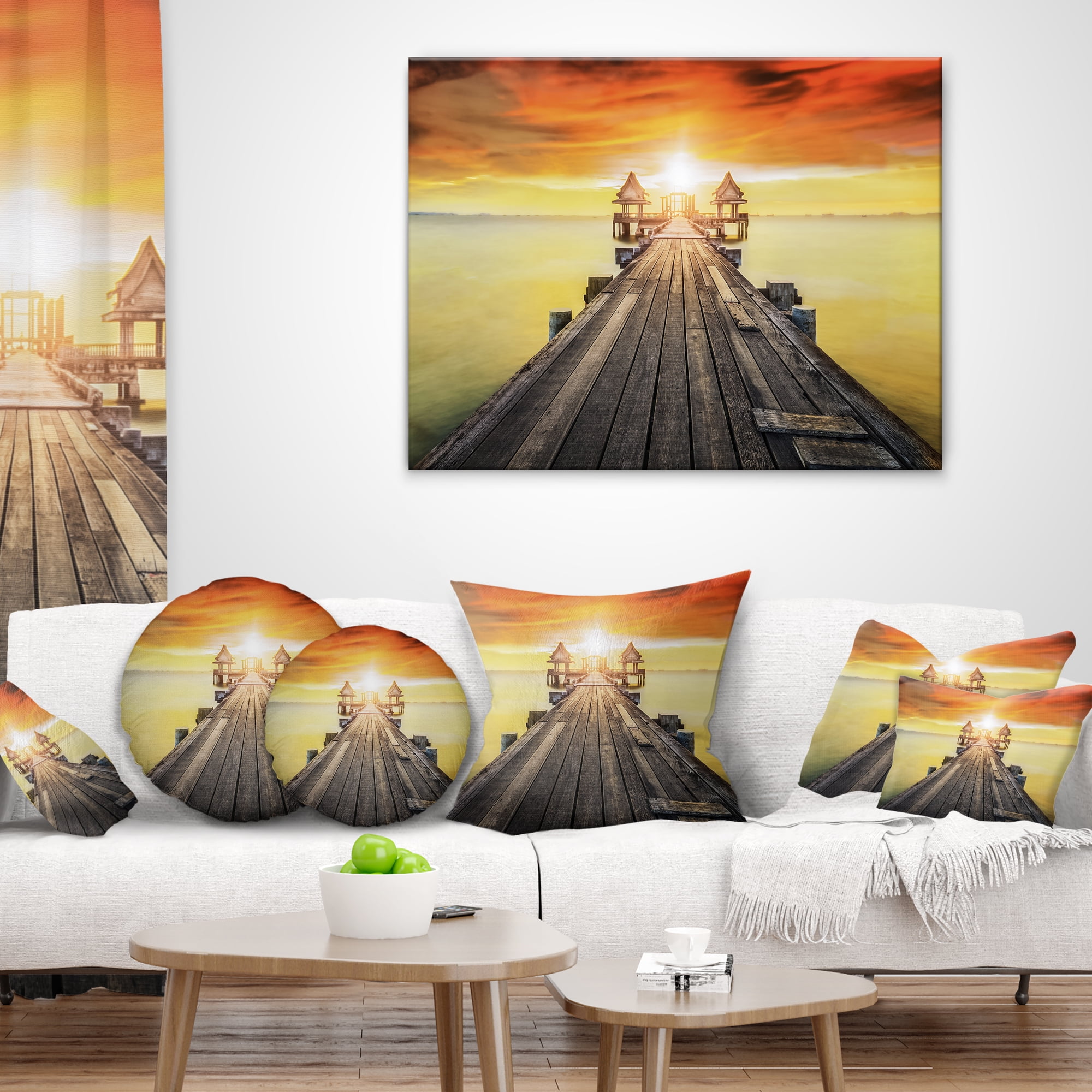 Designart Huge Wooden Pier into Yellow Sun - Pier Seascape Throw Pillow - 16x16