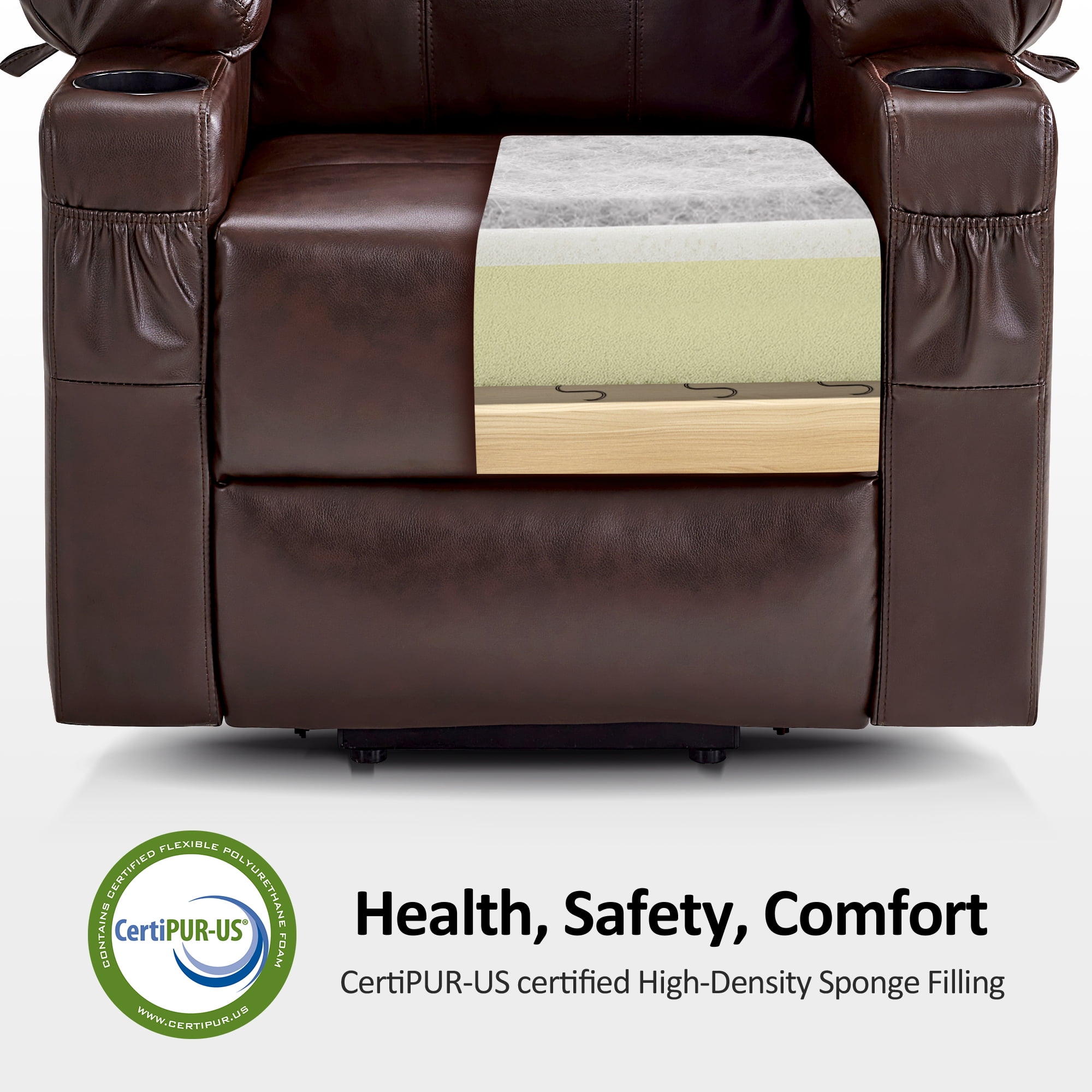 MCombo Electric Power Lift Recliner Chair Sofa with Massage and Heat for Elderly, 3 Positions, 2 Side Pockets, and Cup Holders, USB Ports, Faux Leather 7141 Dark Brown, Small