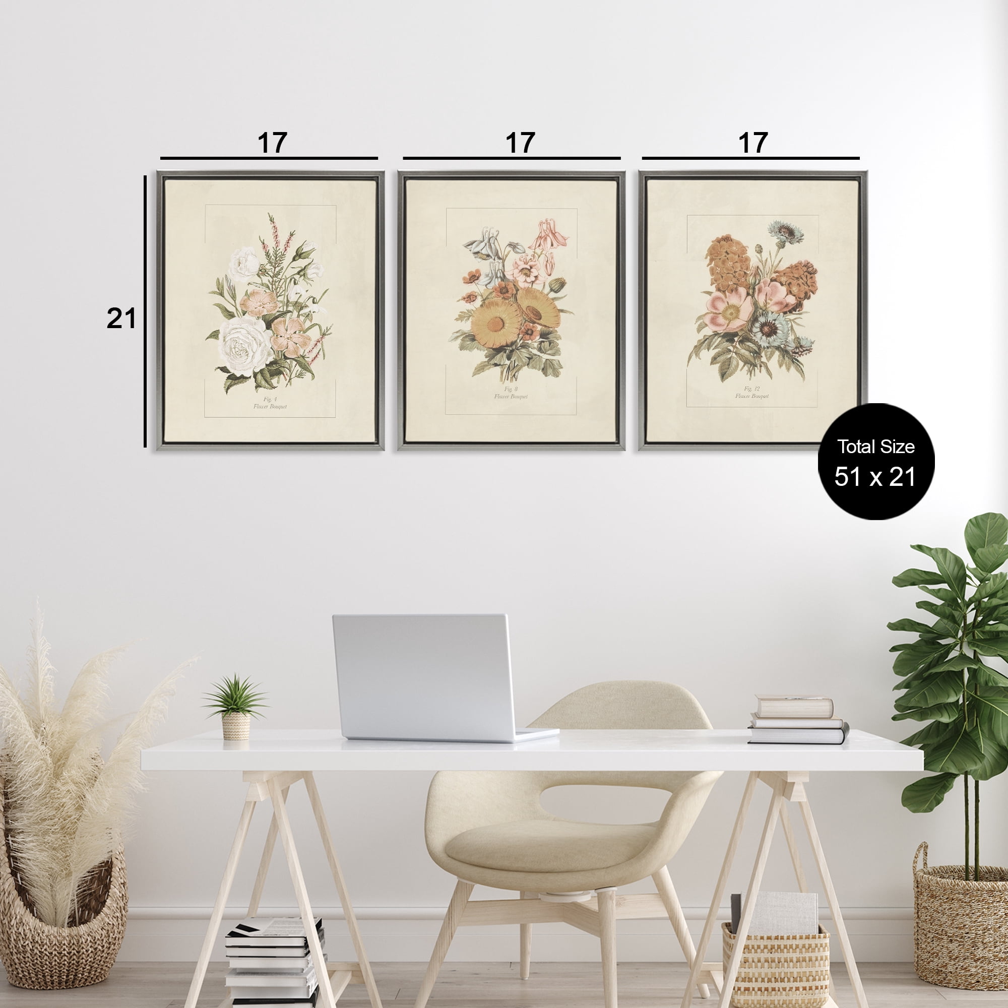 Stupell Industries Neutral Bouquet Studies 3 Piece Gray Framed Floater Canvas Set, design by Dan Meneely