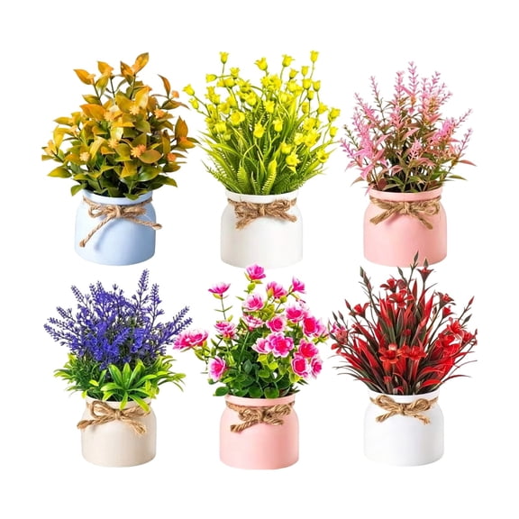6PC Realistic Artificial Potted Plants - Boho Ceramic Decor with Jute Wraps for Home, Office & Wedding Table Decorations - Low Maintenance Faux Greenery for Living Rooms & Bedrooms Multicolor D