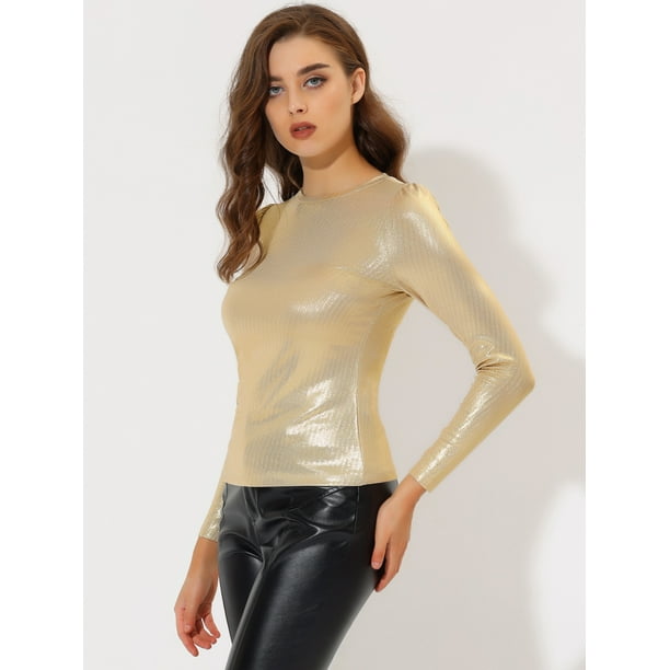 Camisa de manga larga para mujer brillante brillante de fiesta metalico brillante dorado brillante XL Allegra K Camisa Walmart en linea