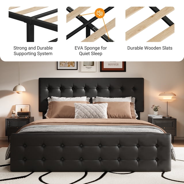 Full Size Platform Bed Frame with 4 Storage Drawers & Headboard,Faux Leather or Linen, Button Tufted Platform, Strong Wooden Slats,No Box Spring Needed