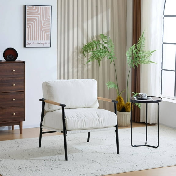 EUROCO 26"W Modern Accent Chair,Upholstered Modern Lounge Arm Chair with Plush Cushions, Minimalist Metal Frame and Wooden Armrest Design,Reading Leisure Chair for Living Room,Waiting Room,White