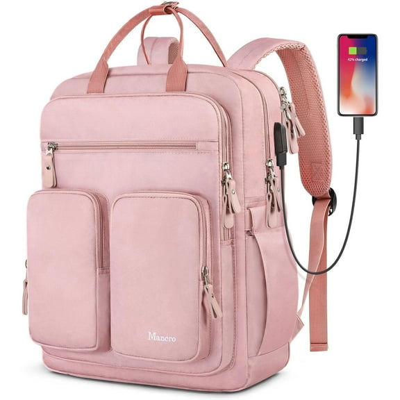 Mancro Backpack for Women, 15.6in TSA Travel Laptop Backpack with USB Charging Port and Waterproof Pocket, Pink