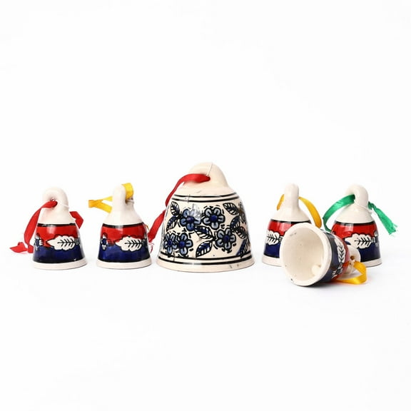 Festive Ceramic Hanging Bells - Handcrafted & Painted, Blue, Red & White