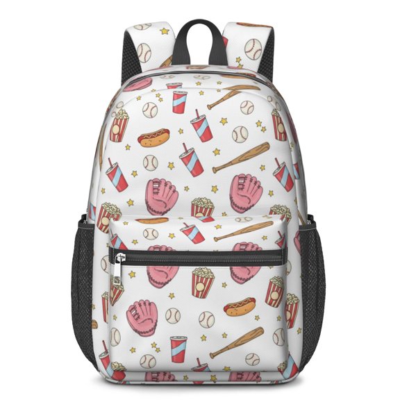 Pink Baseball Game Snacks Pattern 17" Waterproof Oxford School Backpacks for Teens, S-Shape Padded Straps, for School, Travel, Hiking, Camping
