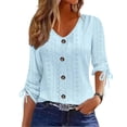 thumbnail image 3 of Fengqque Women Eyelet Hollow Three Quarter Sleeve Top V Neck Buttons Tie Cuff Slim Breathable Blouse Light Blue XL, 3 of 5