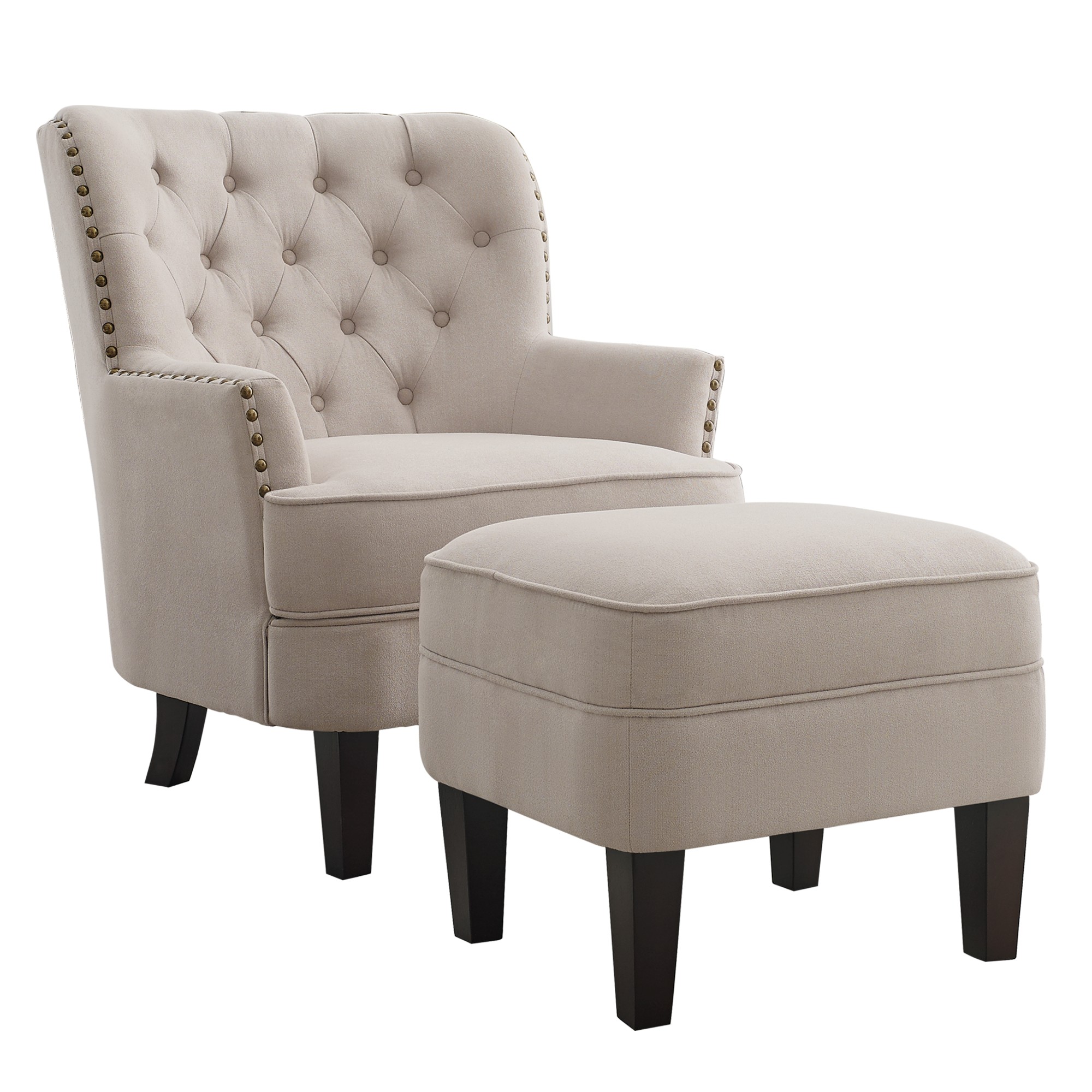 Gewnee Beige 30-Inch Armchair with 20-Inch Ottoman Style - Solid Rubberwood Legs, Breathable Linen Fabric, Suitable for Living Room & Balcony