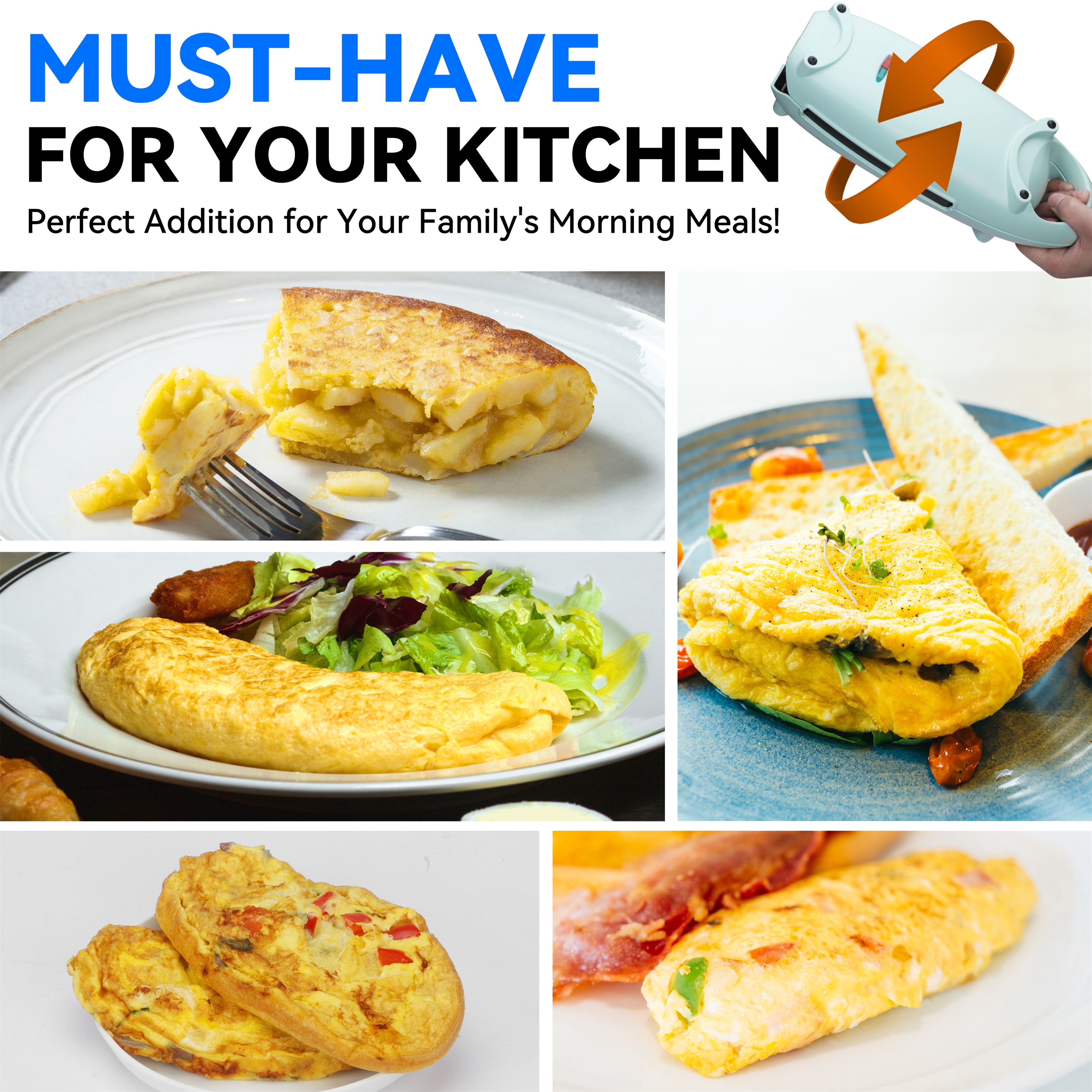Mailand Electric Flip Omelette Maker - Dual Nonstick Surfaces Frittata & Egg Pan, 800W, Aqua