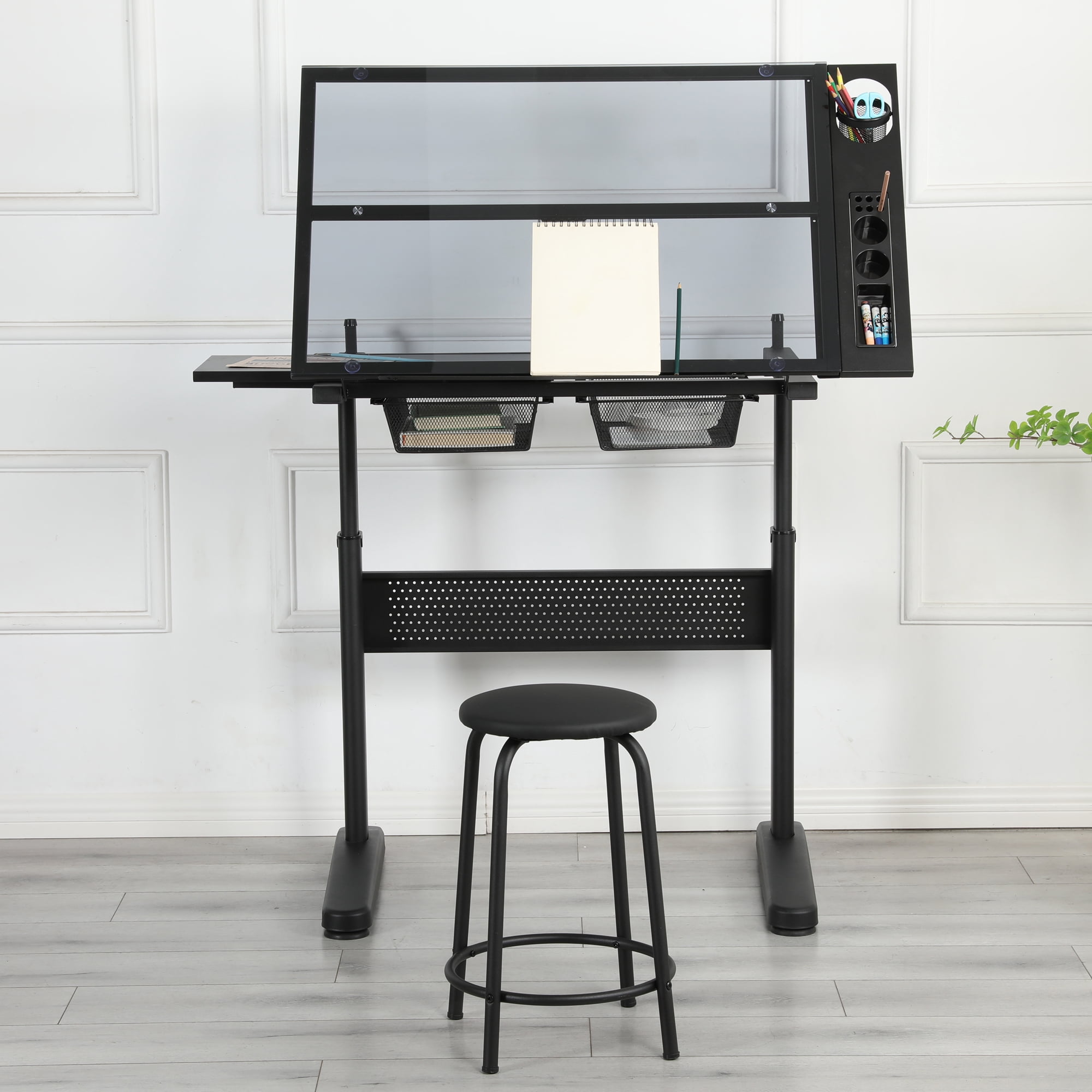Hand Crank Adjustable Drafting Table Drawing Desk With 2 Metal Drawers, With Stool