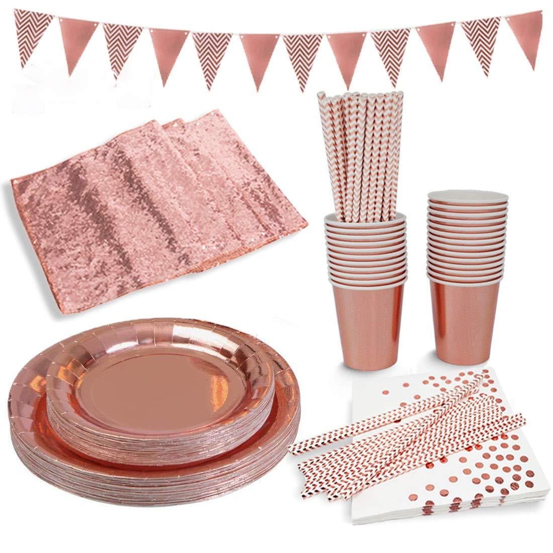 Party Tableware Set Rose Gold Theme Popcorn Box Paper Straw Paper Towels Paper Bag Plate for Party Supplies
