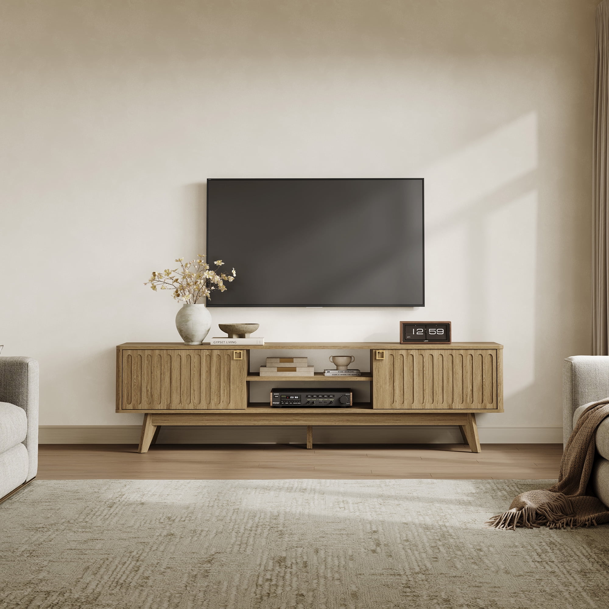 SICOTAS 70.1 inch Long Modern TV Stand Set of 2, Minimalist Console Table with 2 Fluted Doors, 3-Tier Storage Shelves, Long Entertainment Center for Living Room, Brown Oak