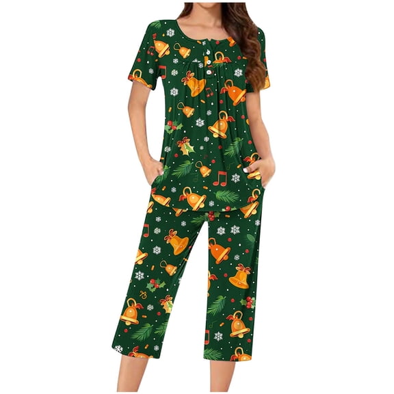 Ruimatai Women's Christmas Pajama Set Casual Short Sleeve Top & Cropped Pants Soft Sleepwear Loungewear Two Piece Outfit with Pockets