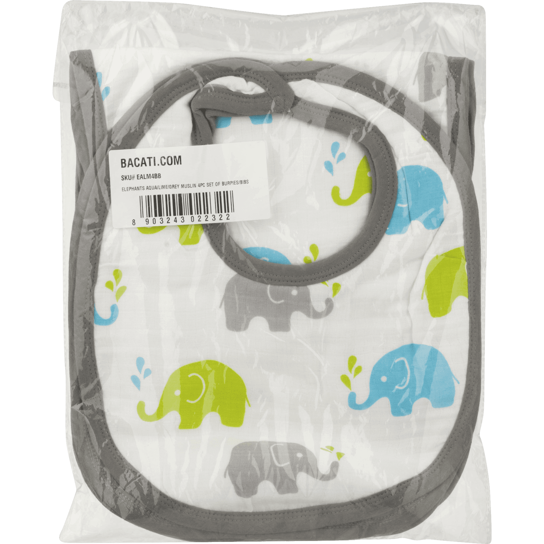 Bacati Muslin Burpies/Bibs, Elephants Aqua/Lime/Grey -  4 PC, 4.0 PIECE(S)