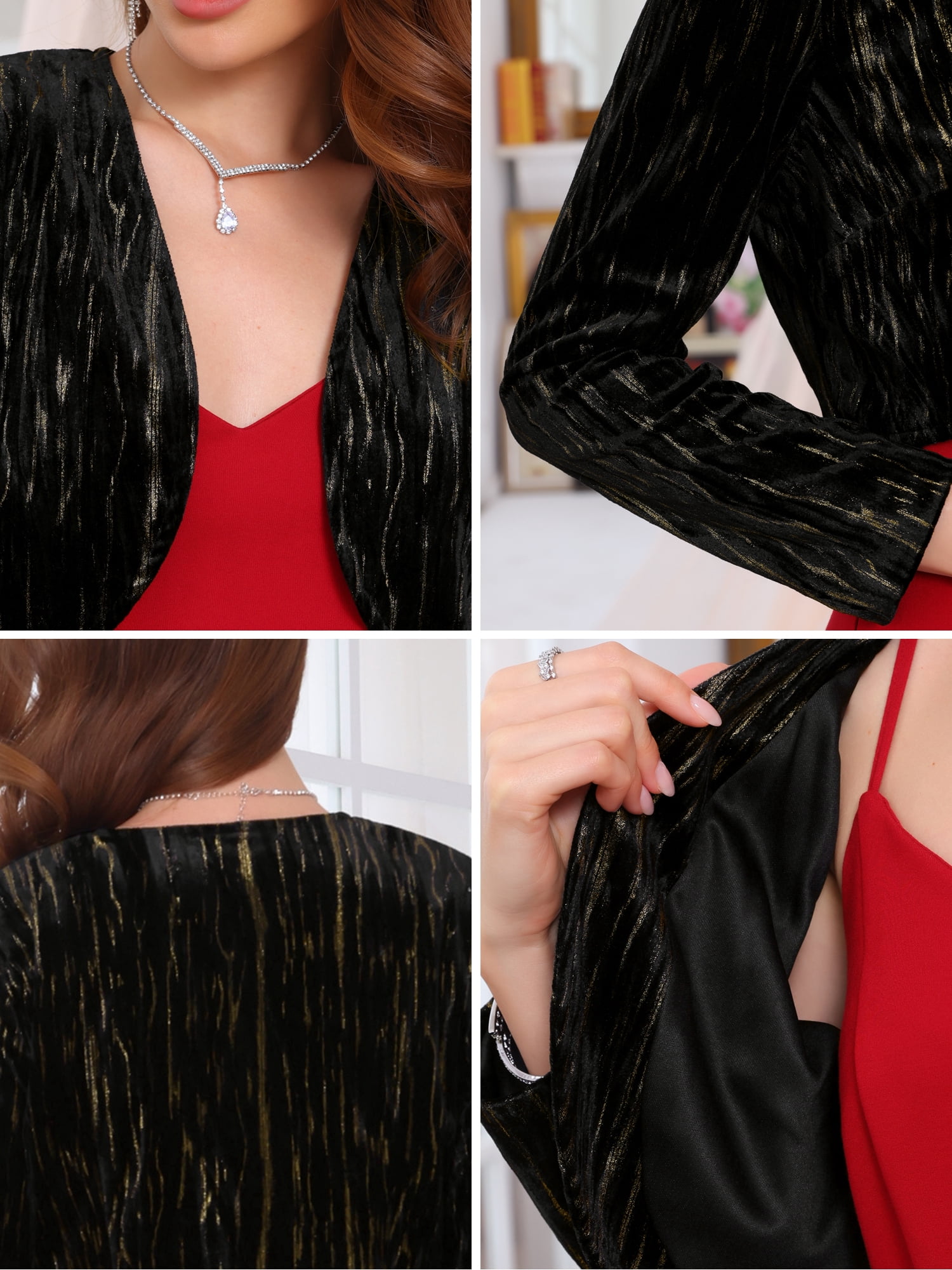 DARING DIVA Elegant Long Sleeve Velvet Gilding  Cocktail Bolero Shrug M Black