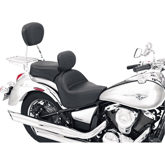 Mustang Wide Touring One-Piece Seat with Driver Backrest for Kawasaki Vulcan 900 - Vintage Smooth Black Vinyl - Made in USA (79417)