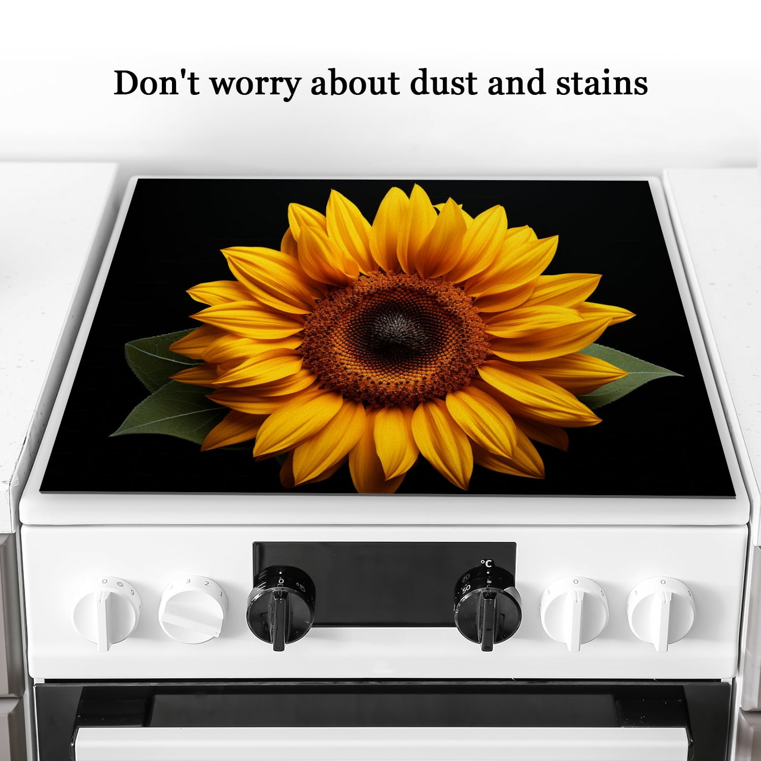 Square Stove Top Covers for Gas Burners, Blooming Sunflower on Black Background Non-slip Glass Induction Cooktop Protector Mat, Foldable Range Cover for Kitchen RV (28×20 Inch)