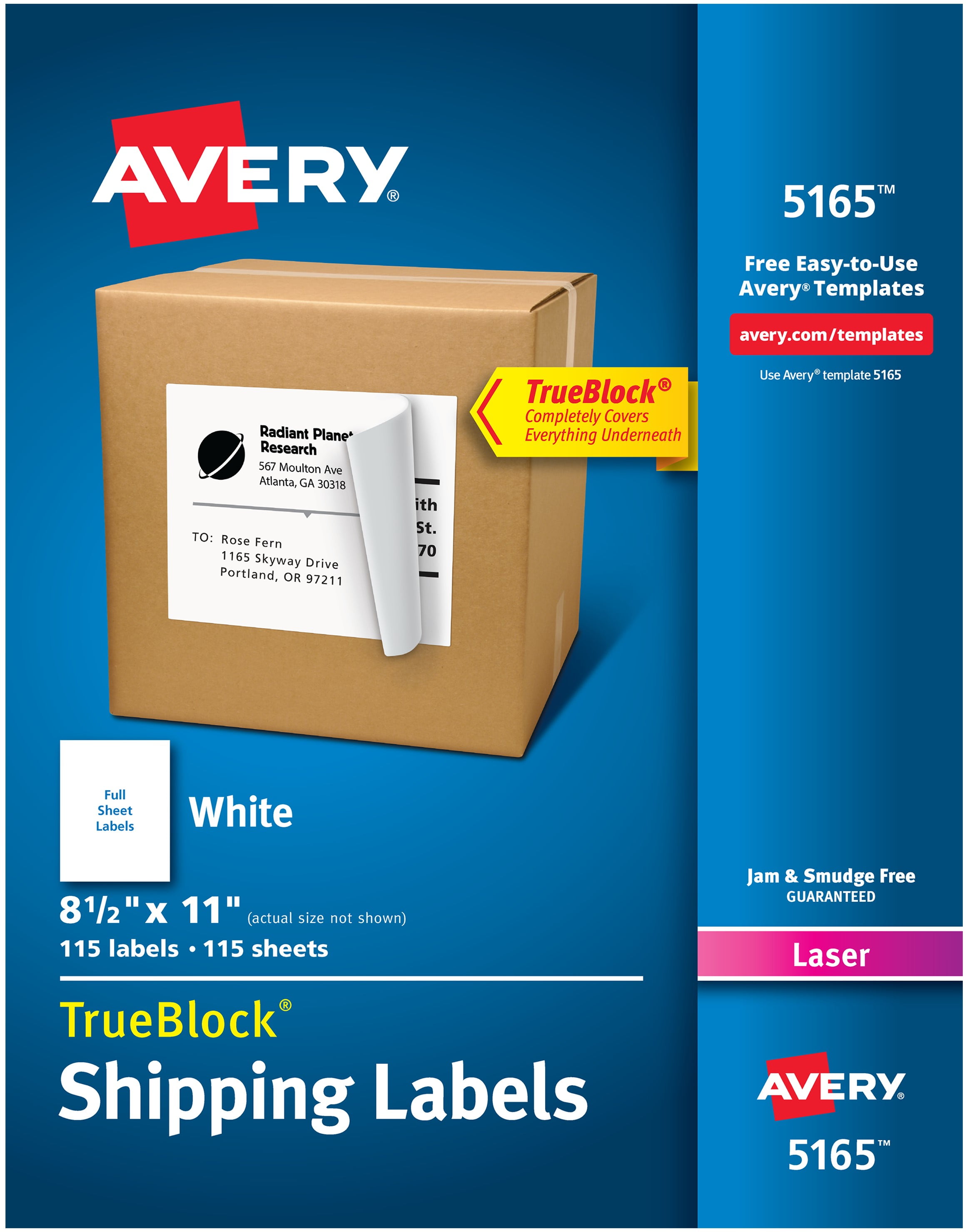(2 pack) Avery Shipping Labels, 8-1/2" x 11", Paper, White, TrueBlock®, Laser, 100 Labels (5165)