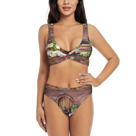 Balery Bottle Glass Red Wine Women s Bikini Set - Sexy Two Piece Swimsuit with Adjustable Straps and High Waisted Bottoms-Large