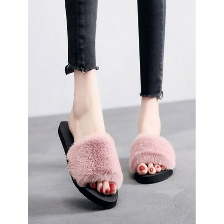 

Autumn Winter Fur Solid Color Slippers Home Anti-Slip Warm Cotton Trailer Shoes