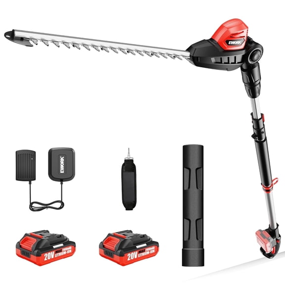EWORK 20V Cordless Pole Hedge Trimmer, 18-inch Blade, 11-Angle Pivoting Head, 6.3-8.6 ft Reach, 6 lbs, 2 Batteries and Charger Included