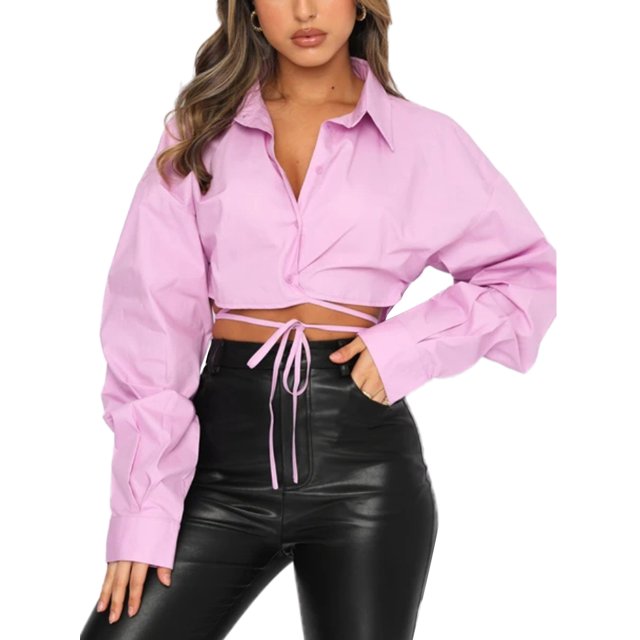 VISgogo - Cárdigan informal de manga larga para mujer, color sólido, con solapa, con botones en el ombligo expuesto VISgogo moda